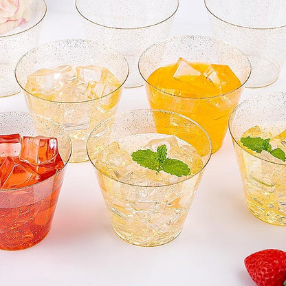 I00000 200pcs Gold Plastic Cups - 9 OZ Hard Gold Glitter Disposable Cups for Cocktail & Drinking - Premium Disposable Plastic Glasses with Gold Glitter for Fancy Wedding Cups Elegant Party Glasses
