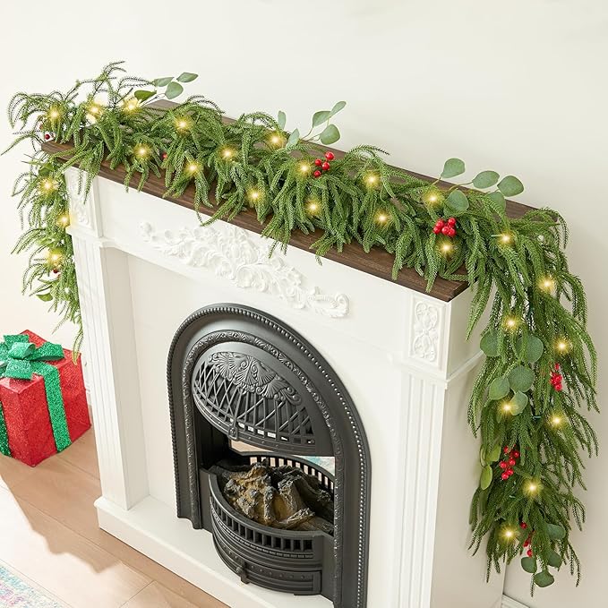 9FT Christmas Garland with Lights, Battery Operated Garland with Red Berries and Eucalyptus Leaves, Real Touch Artificial Prelit Garland for Mantle, Fireplace, Table, Stairs & Christmas Decorations