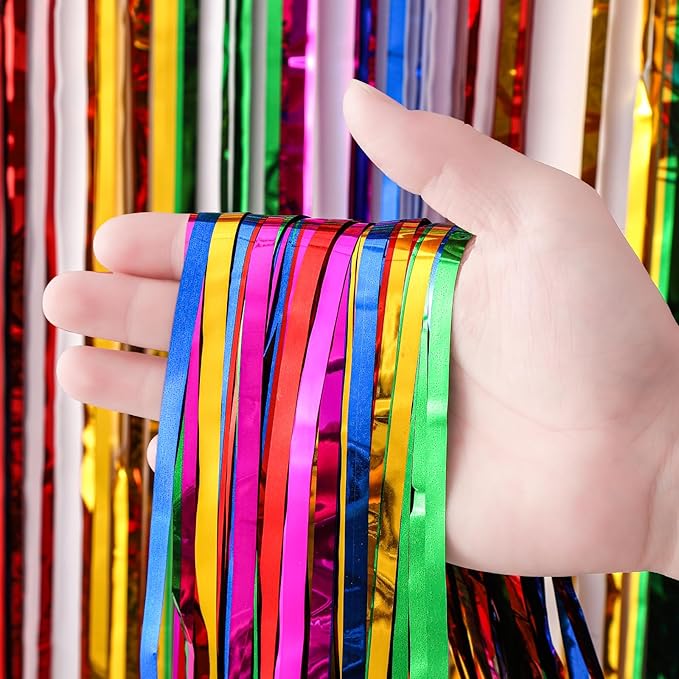 3 Pack 3.3x8.2 Feet Rainbow Foil Fringe Backdrop Curtains, Tinsel Streamers Birthday Party Decorations, Fringe Backdrop for Graduation, Baby Shower, Gender Reveal, Disco Party