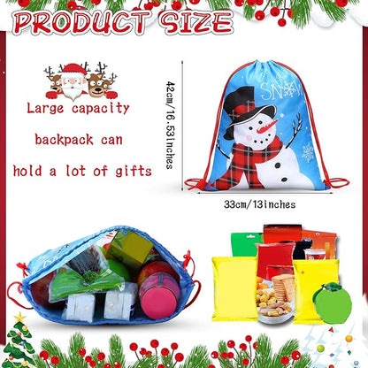 12 Pcs Christmas Party Favors Bags for Kids Drawstring Backpack Santa Claus Goodies Snack Treat Gift Bags Presents Wrapping for Xmas Winter Holiday Birthday Party (13.2 x 16.3 Inch)