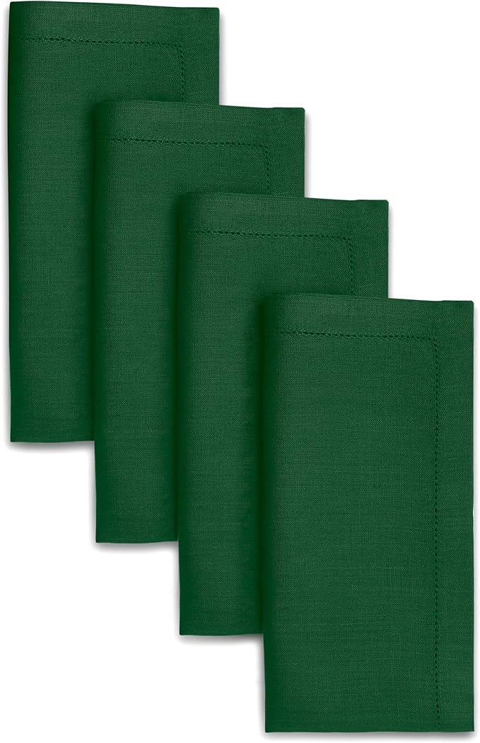 D'Moksha Homes Forest Green Linen Napkins Set of 4 - Classic Hemstitch 100% Pure Linen Hemstitch Dinner Napkins 20 x 20 Inch for Christmas, Holiday - Handcrafted and Machine Washable