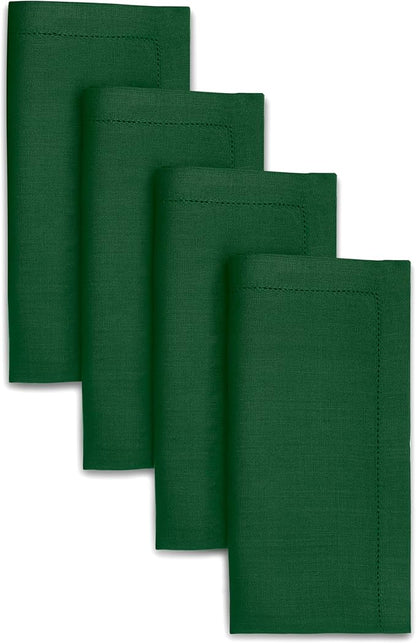 D'Moksha Homes Forest Green Linen Napkins Set of 4 - Classic Hemstitch 100% Pure Linen Hemstitch Dinner Napkins 20 x 20 Inch for Christmas, Holiday - Handcrafted and Machine Washable