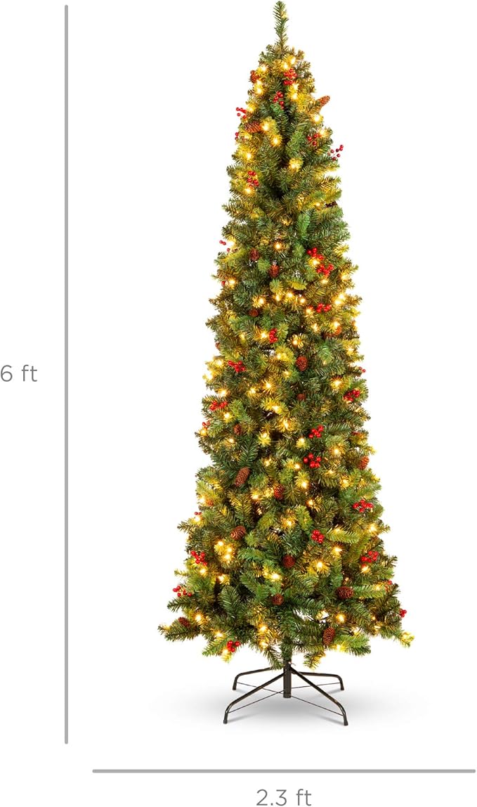 Best Choice Products 6ft Pre-Lit Spruce Pencil Christmas Tree Pre-Decorated for Home, Office, Party, Holiday Decoration w/ 618 Tips, 250 Lights, Pine Cones, Metal Hinges & Base - Green