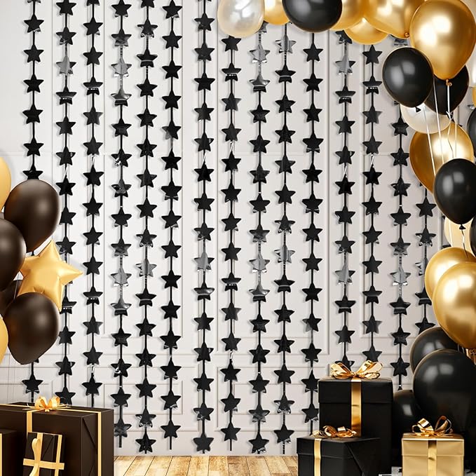 LOLStar Black Stars Birthday Decorations for New Years Eve 2026 Men Boy 2Pack 3.3X6.6ft Each Black Backdrop Star Foil Fringe Curtains for Happy to My 20s Party Supplies nye Streamers Graduation Decor