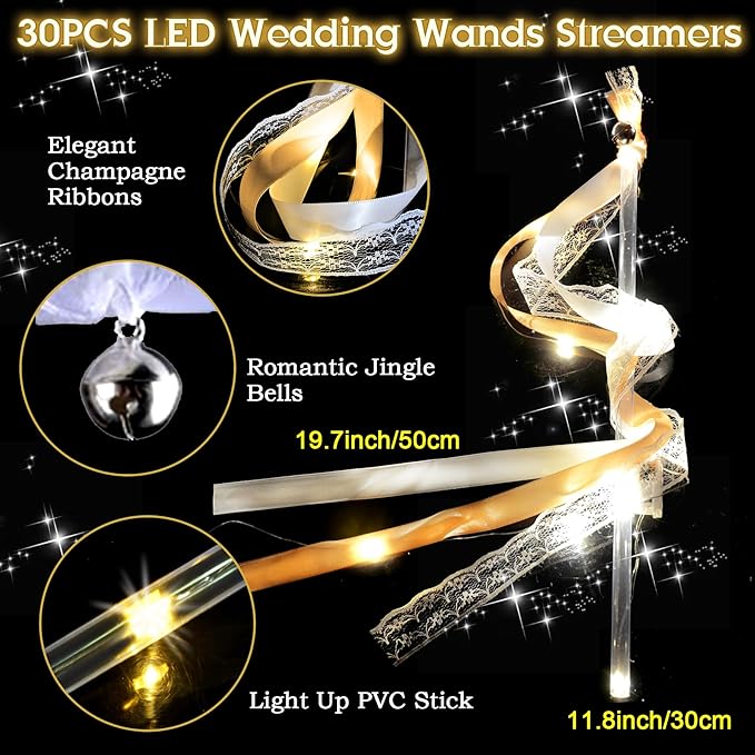 60PCS Light Up Wands,Wedding Wands Ribbon Streamers with 3 Colorful Flashing Modes,LED Silk Fairy Wands with Bells for Wedding Party Favors,Easter,July 4th,Birthday Decor(Champagne)