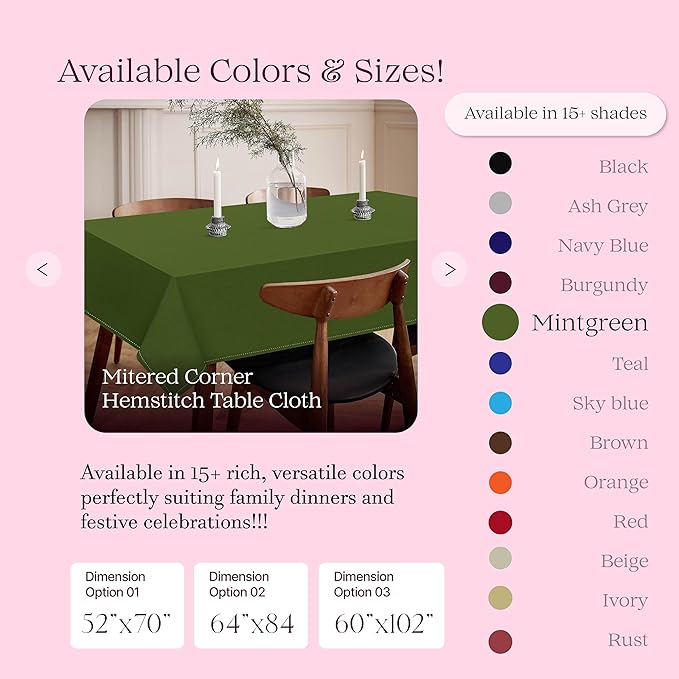 Mint Green Table Cloth, 100% Cotton Table Cover 60x102 Inch, Fits 8-10 Seats, Durable, Washable, Wrinkle Resistant, Rectangle Tabletop for Dining, Spring Events, Baby Showers, Decor