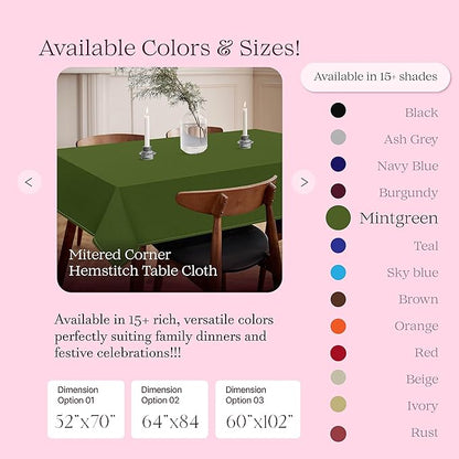 Mint Green Table Cloth, 100% Cotton Table Cover 60x102 Inch, Fits 8-10 Seats, Durable, Washable, Wrinkle Resistant, Rectangle Tabletop for Dining, Spring Events, Baby Showers, Decor