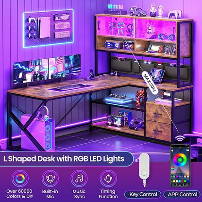 SEDETA L Shaped Computer Desk, Home Office Desk with 2 Drawer and Bookshelf, L Shaped Gaming Desk with LED Light, Glass Cabinet and Storage Bag, Corner Desk with Storage Shelves, Rustic Brown