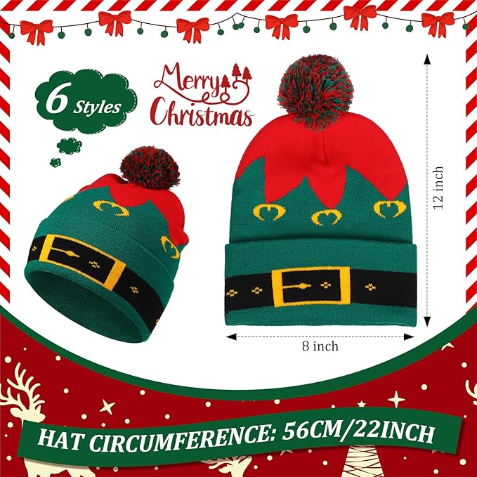 Vicenpal 6 Pcs Christmas Knitted Hat Xmas Beanie Hat Bulk Crochet Knit Cap Set Printed Wool Bulk