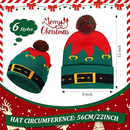 Vicenpal 6 Pcs Christmas Knitted Hat Xmas Beanie Hat Bulk Crochet Knit Cap Set Printed Wool Bulk