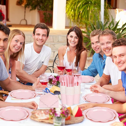 400 Pcs Pink Paper Plates and Napkins Set Party Supplies, Tableware set for 50 Guest include Disposable Pink Scalloped Plates Napkins Knives Forks Spoons Cups for Baby Shower Bridal Shower Wedding