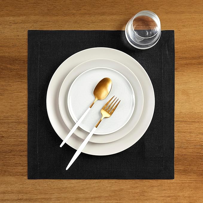 Solino Home Black Placemats Set of 4-100% Pure Linen Placemats 14 x 14 Inch for Fall, Autumn, Winter, Christmas, Holiday, New Year - Fete, Handcrafted and Machine Washable