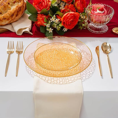 Rubtlamp 60Pcs Orange Plastic Plates, Orange Disposable Plates With Gold Rim, Hammered Plastic Plates Include 30 Dessert Platos, 30 Dinner Platos for Party, Thanksgiving