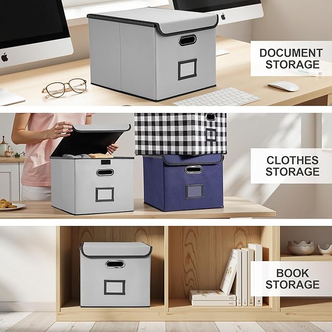 Collapsible File Box with Lid & Plastic Slide - Hanging Document Organizer for Office/Home, 14.96x12.6x10.83 Inch,Decorative Home File Bin,Light Grey,2 Pack (No Folders Included)