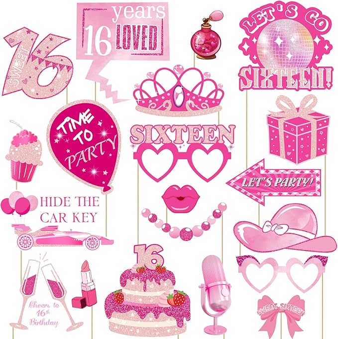 16th Birthday Party Photo Booth Props, Hot Pink Photo Booth Props for Girls 16th Birthday, Sweet Sixteen 16th Happy Birthday Party Decorations Supplies Favors