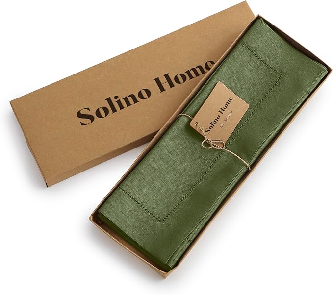 Solino Home Linen Cloth Placemats Set of 4-100% Pure Linen Hemstitch Olive Placemats 14 x 19 Inch - Classic Hemstitch Table Place Mats for Fall, Autumn, Christmas, New Year