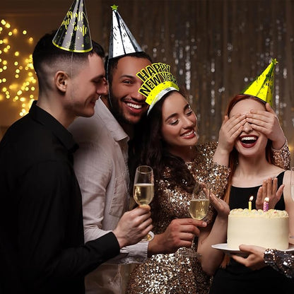 40PCS New Years Party Supplies 20 Guests, New Years Party Favors Gold Black, New Years Accessories Cardboard Plastic, Tiaras Top Hat Fringed NYE Noise Makers Star Cone Hat Horns for New Years Party