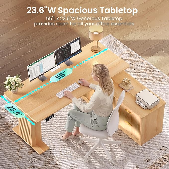 SEDETA L Shaped Electric Standing Desk, 55 inch Height Adjustable Office Executive Desk with Storage Drawers, Fluted Sit Stand Corner Computer Desk with Power Outlets for Home Office, Oak