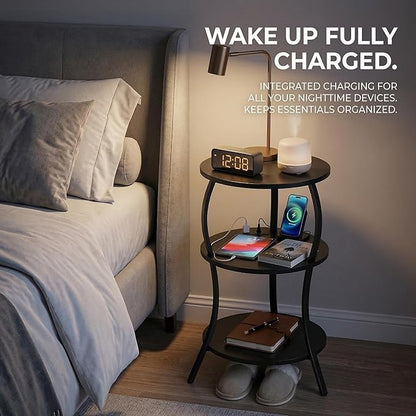 Small Round Side Table with Charging Station, 3-Tier Waist Circular End Table with Storage Shelf, Compact Tea Sofa Side Table Small Spaces, Round Corner Coffee Table for Living Room Bedroon,Black
