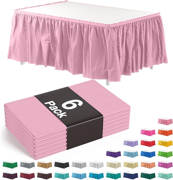 Exquisite Ruffle Table Skirt Pink 6 Pack 14 Ft Long Table Skirts for Rectangle Tables 6ft Plus or Round Tables Skirts with Adhesive Strip for Gender Reveal Decor & Happy Birthday Parties