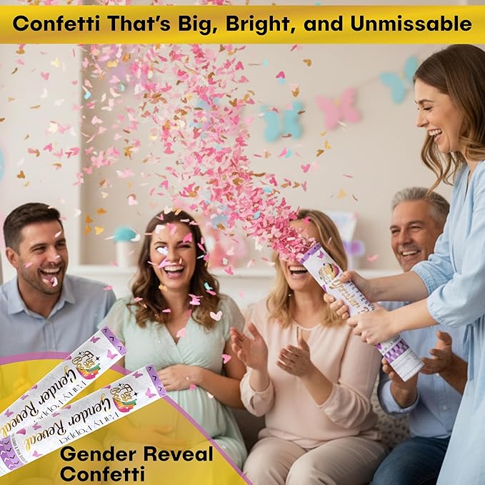 2 Pack Pink Butterfly -Shaped Confetti Poppers for Baby Gender Reveal | Pink Paper and Gold Mylar Baby Girl Party Supplies