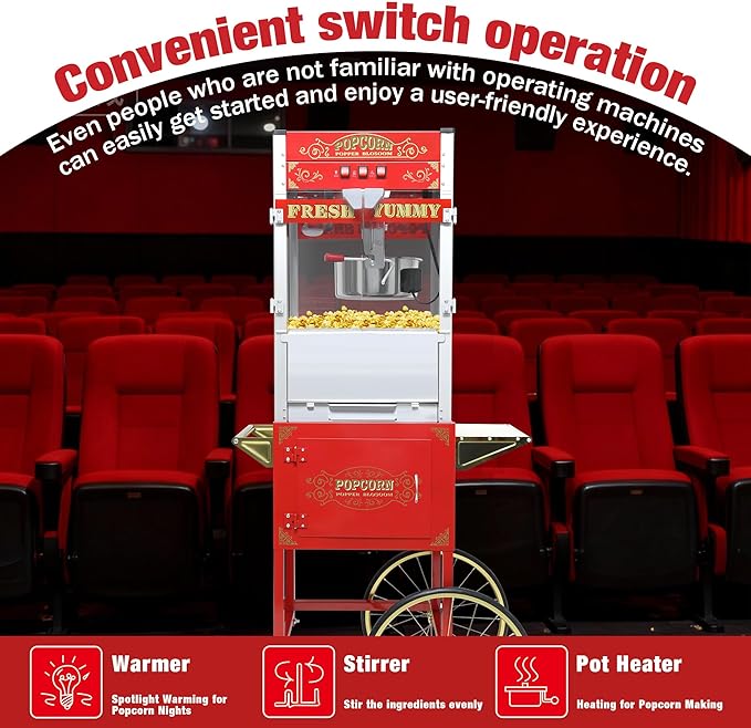 Commercial 20 Oz Popcorn Machine with Cart - 100 Cups, Stainless Steel Kettle, Warming Light - Portable Popper for Home Theater & Parties, Red