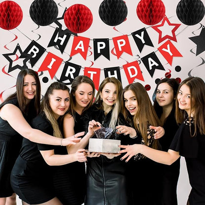 meowtastic Birthday Decorations, Happy Birthday Banner with Honeycomb Balls, Star Hanging Swirl Streamers, Circle Dots Garland, Happy Birthday Party Decorations for Women Men Boys Girls (Red & Black)