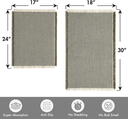 MIULEE Set of 2 Waffle Bathroom Rugs, Boho Bath Rugs Non Slip Washable, Super Absorbent Bath Mats, Ultra Soft Rubber Backed Shower Mats for Bathroom Floor, Tub, Green & Cream, 17"x24"+18"x30"