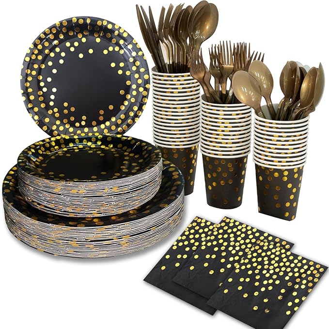 175pcs Disposable Black and Gold Paper Plates and Napkins, Golden Dot Paper Plates Napkins Dinnerware Set Serves 25 Guests for Birthday,baby shower,Party