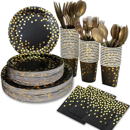 175pcs Disposable Black and Gold Paper Plates and Napkins, Golden Dot Paper Plates Napkins Dinnerware Set Serves 25 Guests for Birthday,baby shower,Party