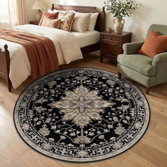 Area Rugs 5ft Washable Non-Slip, Floral Vintage Distress Print Pattern Medallion Carpet for Living Room Bedroom Dining Room, Black Brown Neutral Dark Tan
