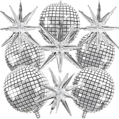 OuMuaMua Disco Ball Balloons for 70s Disco Party Decor, 22 Inch Large 4D Metallic Silver Disco Balloons with Stars Balloon for Themed Party, Birthday New Year Christmas Decor 9pcs