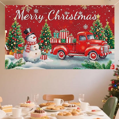 HOOSUN Christmas Decorations Indoor,72 x 44 Inch Merry Christmas Backdrop Banner,Xmas Tree Snowman Banners for Party Decorations,Wall Banner Photo Booth Backdrop Xmas Decor for Party,Wall,Yard,Garage