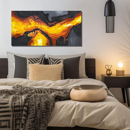 GUGIKA Abstract Wall Art for Living Room, Hand Painted 3D Textured Magma Paintings, Black and Gold Yellow Volcanic Lava Canvas Wall-Decor for Bedroom, Size 40 x 20 Inches