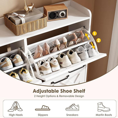 Nicetree Shoe Cabinet with 4 Flip Drawers, Freestanding Shoe Organizer Cabinet with Metal Legs, Farmhouse Slim Shoe Rack Cabinet for Entryway, Foyer, Hallway, White