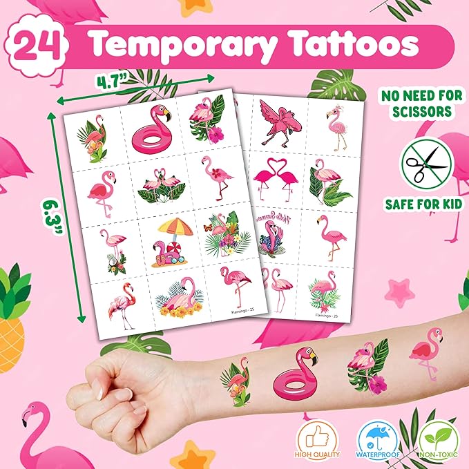 36PCS Pink Bird Party Favors - 24PCS Pre-Cut Temporary Tattoos & 12PCS Stamps - Ideal Hawaiian Summer Tropical Luau Themed Birthday Card Decorations Supplies Goodie Bag Kids Gifts Classroom Rewards