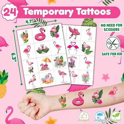 36PCS Pink Bird Party Favors - 24PCS Pre-Cut Temporary Tattoos & 12PCS Stamps - Ideal Hawaiian Summer Tropical Luau Themed Birthday Card Decorations Supplies Goodie Bag Kids Gifts Classroom Rewards