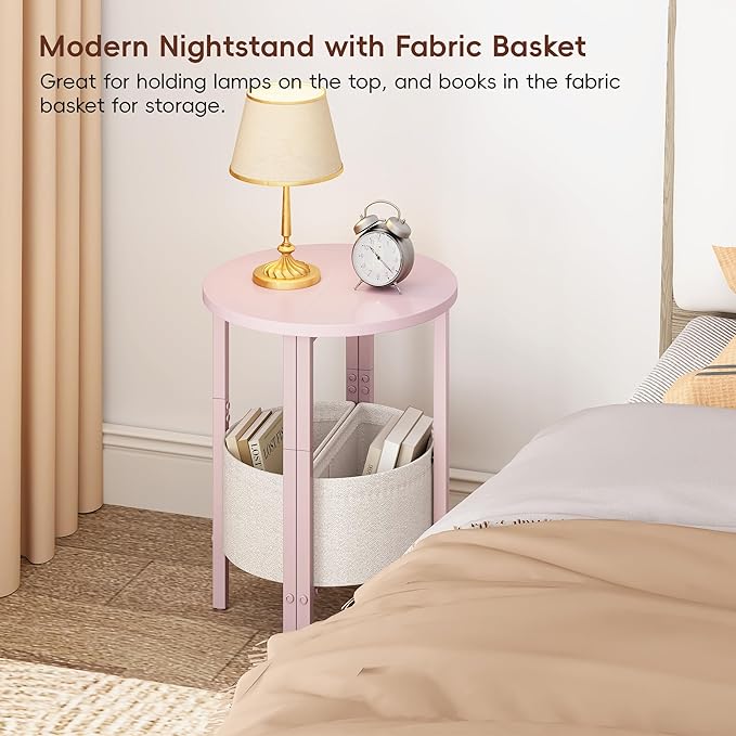 Vagusicc Small Round Side Table, Accent End Table with Storage Basket, Set of 2 Half Round Coffee Table End Table, Half Moon Bedside Table, Modern Nightstand Couch Table for Living Room Bedroom, Pink