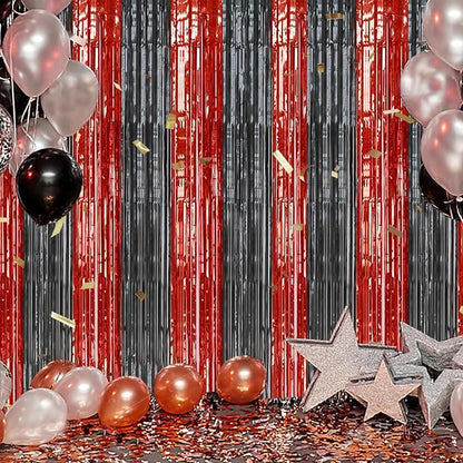 3 Pack Foil Fringe Backdrop - Red&Black Shiny Tinsel Curtains for Party Decoration/Photo Booth Props - 3.3x8.2 FT Metallic Foil Backdrop for Birthday, Wedding, Graduation, Christmas.