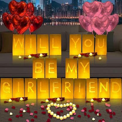 Will You Be My Girlfriend Lighted Letters Sign 21pcs Luminary Paper Bags 2200pcs Red Pink Artificial Rose Petals 48pcs Flameless LED Candle Tealight 10pcs Heart Balloons Romantic Night Valentine's Day