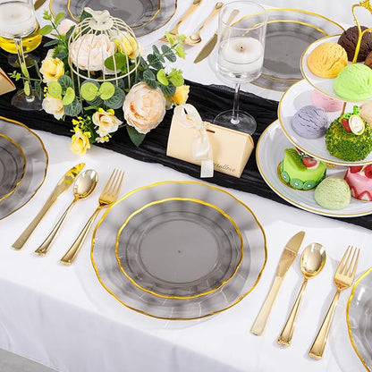 EI 150pcs Clear Black Dinnerware Set,Clear Black Fancy Plastic Plates with Gold Rimmed and Gold Plastic Silverware,Heavy Duty Party Plates Disposable for Afternoon Tea,,Christmas,New Year
