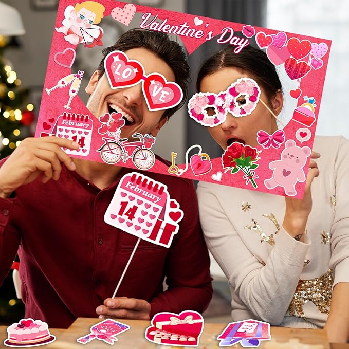 24 Pcs Valentine's Day Photo Booth Props Decor, Valentine's Day Photo Prop Frame and 23 Pcs Valentine Day Photo Booth Props for Happy Valentines Themed Party Supplies Decoration