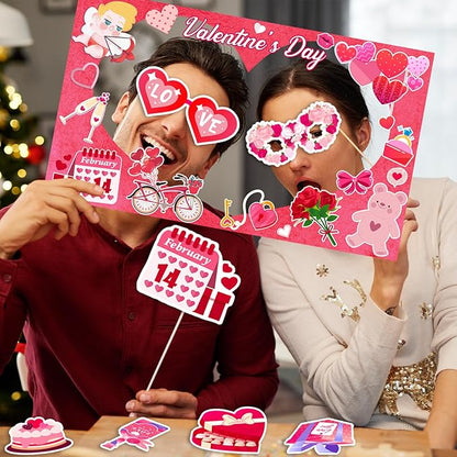 24 Pcs Valentine's Day Photo Booth Props Decor, Valentine's Day Photo Prop Frame and 23 Pcs Valentine Day Photo Booth Props for Happy Valentines Themed Party Supplies Decoration
