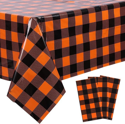 Kesfey 3 Packs Fall Orange Buffalo Check Plaid Tablecloth 54 x 108 Inches Waterproof Autumn Thanksgiving Gingham Table Cloth Disposable Orange and Black Plastic Checkered Picnic Tablecover for Camping