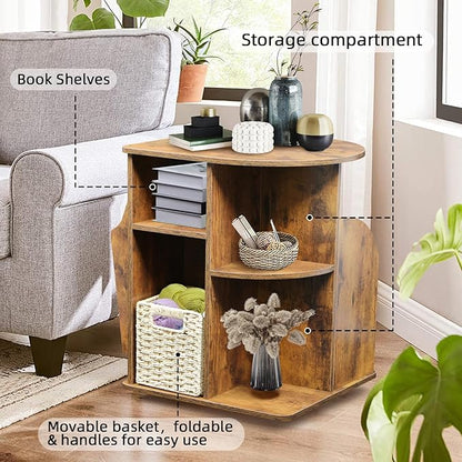 TooCust Rotating End Table with Storage, Swivel Side Table Living Room, Side Table with Magazine Holder, Basket and Cabinet, Sofa Side Farmhouse End Tables with Open Shelf (Rustic Brown)