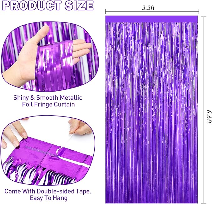 Purple Tinsel Backdrop Foil Fringe Curtains - 2 Packs Door Streamers Backdrop for Birthday Door Decorations, Party Supplies for Bachelorette, Graduation, Christmas, Disco Decor