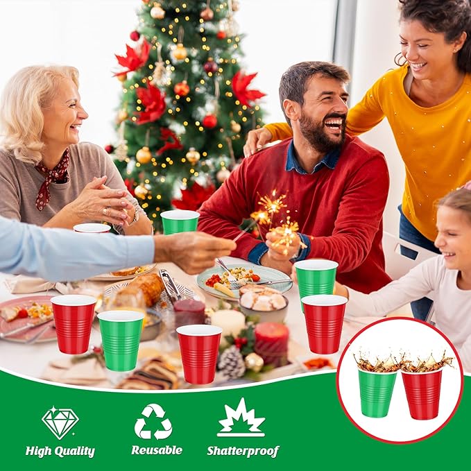 100 Pcs Red and Green Christmas Plastic Cups 12 oz, Bulk Green and Red Disposable Xmas Party Cups for Merry Christmas Holiday Wedding Birthday Theme Party Supplies Decorations