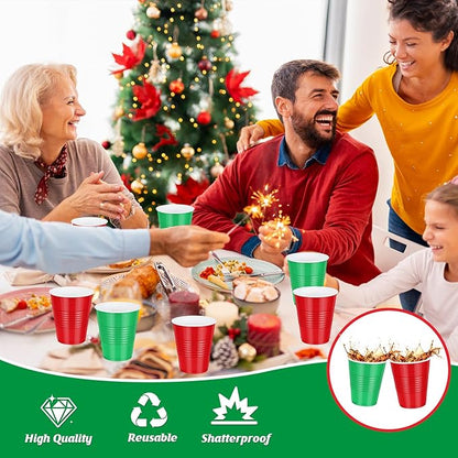 100 Pcs Red and Green Christmas Plastic Cups 12 oz, Bulk Green and Red Disposable Xmas Party Cups for Merry Christmas Holiday Wedding Birthday Theme Party Supplies Decorations
