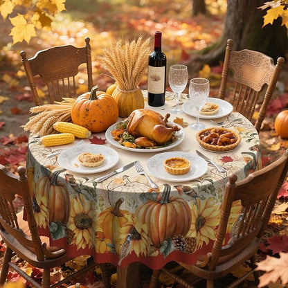 Eikione Sunflower Round Tablecloth 60In, Fall Tablecloth Waterproof and Reusable, Yellow Flower Rustic Floral Table Covers for Holiday Outdoor Decor