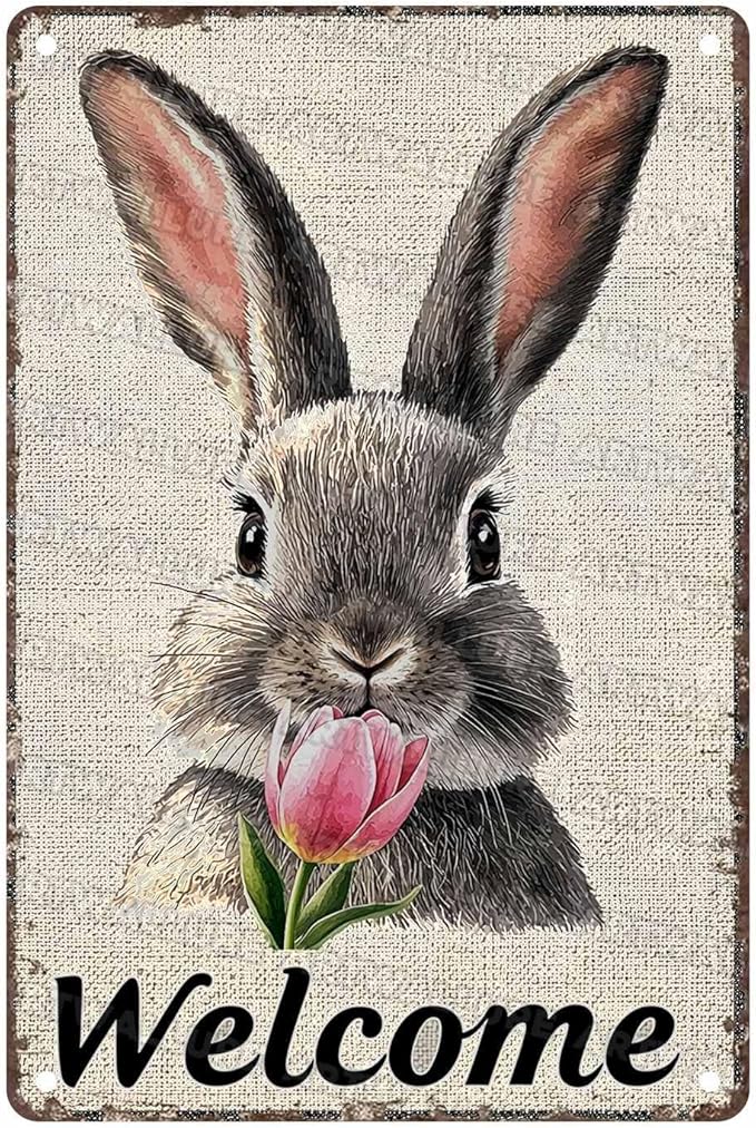 Easter Bunny Tin Sign Retro Tulips - Fun and Metal Sign for Homes Bedrooms Gardens Hallways Parties Spring Decorations 8x12Inch